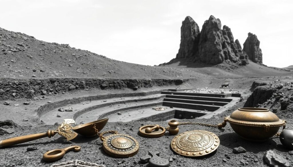 A well-preserved Bronze Age archaeological site, the Reinecke-Stufen reveals the progression of European civilization. In the foreground, intricate bronze tools and ornaments glimmer against a stark, monochromatic landscape. The middle ground showcases the stratified layers of the excavation, each offering a glimpse into the cultural advancements of the era. In the background, towering rock formations cast dramatic shadows, hinting at the rugged terrain that challenged these ancient peoples. The scene is rendered in a bold, graphite-like palette, with subtle pops of ochre and copper accenting the bronze artifacts. The overall atmosphere conveys a sense of timeless discovery, inviting the viewer to delve into the rich history of the European Bronze Age.