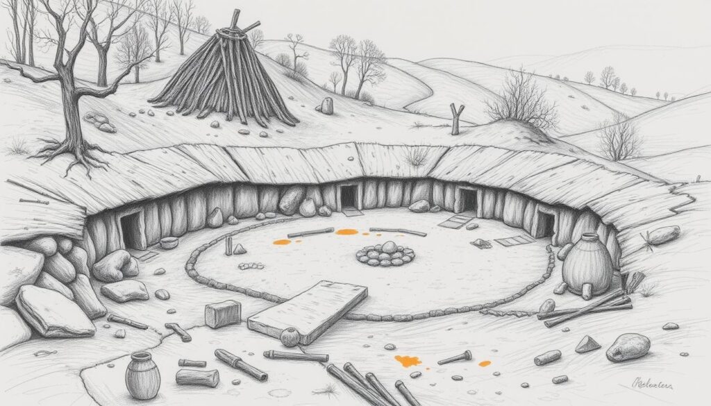 A well-preserved Neolithic settlement nestled in the Taunus hills, with wattle-and-daub huts and a central gathering area. Rough-hewn stone tools and pottery fragments litter the ground, hinting at the daily lives of the inhabitants. The scene is rendered in a soft, monochromatic palette, with muted tones of graphite punctuated by the occasional splash of ochre or burnt sienna. The composition emphasizes the juxtaposition of the rugged natural landscape and the simple, functional structures built by the early inhabitants, capturing a sense of timelessness and the enduring connection between humans and their environment.