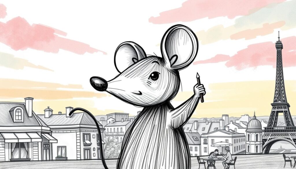 A whimsical French-inspired comeback of the beloved Diddl mouse character, captured in a stylized black and white illustration with pops of color. The foreground features the iconic mouse silhouette, its playful expression and recognizable features rendered in intricate detail. The middle ground showcases a Parisian cityscape, with the Eiffel Tower and charming cafe scenes, all rendered in a delicate, hand-drawn aesthetic. The background depicts a vibrant, painterly sky, with soft brushstrokes of color that add a sense of energy and movement. The overall mood is one of nostalgia, celebration and a hint of French flair, perfectly capturing the international success of the Diddl character's triumphant return.