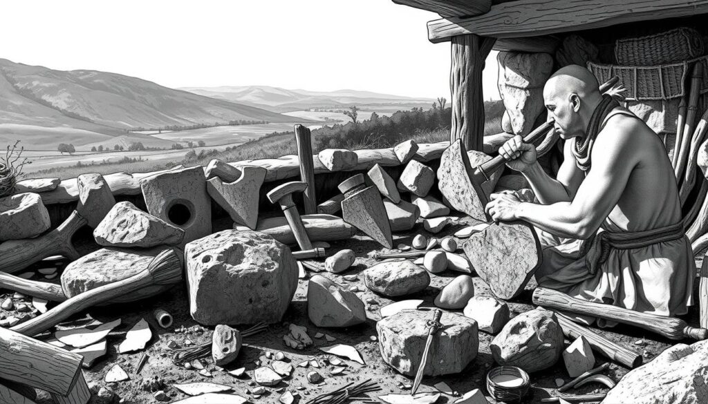 A workshop scene depicting the making of stone axes, or Steinbeile, during the Neolithic period. In the foreground, a skilled craftsperson carefully shapes a piece of hard, gray amphibolite stone using a variety of specialized tools, including hammerstones and antler flakers. The middle ground shows the step-by-step process, with partially completed axes and discarded flakes scattered around. In the background, a serene landscape with rolling hills and a hint of a forest, emphasizing the natural setting in which these essential tools were produced. The scene is rendered in a moody black and white palette, with subtle pops of color highlighting the raw materials and tools. The overall atmosphere conveys the importance and skill involved in the creation of these multifunctional Steinbeile, the "gold" of the Neolithic era.