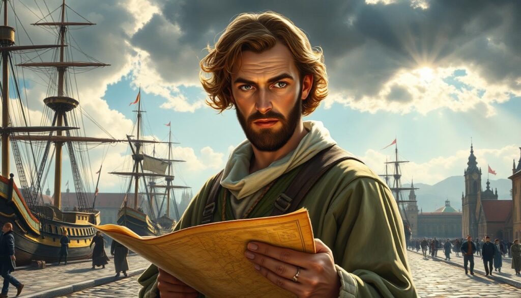 A young Christoph Kolumbus, his features etched in determination, stands amidst a bustling port city. Spice-laden ships, their riggings swaying, cast long shadows across the cobblestone streets. Kolumbus pores over nautical charts, his eyes alight with the promise of undiscovered lands. In the distance, the silhouettes of cathedrals and merchant houses loom, hinting at the old world he is about to leave behind. Shafts of light filter through the clouds, illuminating his face with a sense of destiny. This is the man who will usher in a new era, his ambition and curiosity driving him towards the horizon.