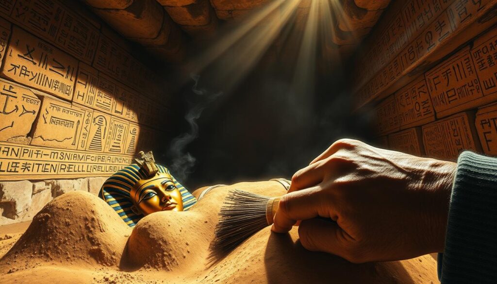 An ancient Egyptian tomb lies unveiled, its secrets spilling forth. Hieroglyphic-adorned walls cast a solemn glow, illuminating the sarcophagus of Tutankhamun, the boy-king. Wisps of incense mingle with the musty air, as archaeologists carefully document their monumental discovery. In the foreground, a weathered hand brushes away the sand, revealing a glimpse of the pharaoh's gilded mask, its stoic expression etched in graphite. Shafts of light pierce the shadowy chamber, casting dramatic contrasts across the scene. This moment of unearthing the past invites contemplation of the mysteries that still lie buried within the Egyptian underworld.