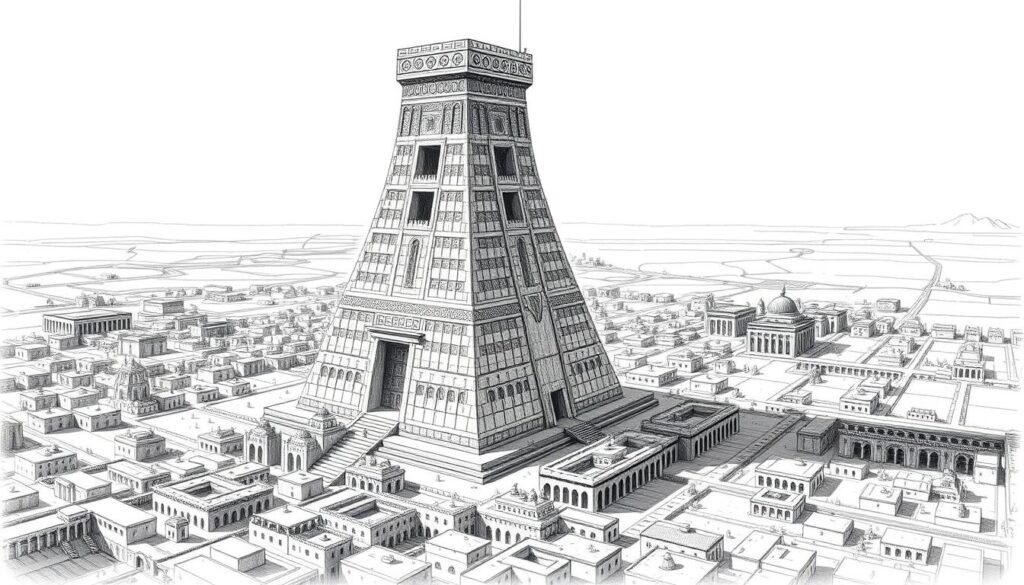 An ancient, towering structure rises from the Babylonian landscape, its intricate stone facade adorned with intricate carvings and geometric patterns. The Turm Babel, a colossal testament to human ambition and ingenuity, stands as a monumental centerpiece, its grand silhouette casting long shadows across the scene. Surrounding the tower, the city of Babylon unfolds, a tapestry of low-lying buildings and winding streets, all rendered in a stark, pencil-sketched style with selective pops of color highlighting the architectural details. The atmosphere is one of grandeur and historical significance, capturing the awe-inspiring vision of the Babylonian architects who dared to reach for the heavens.