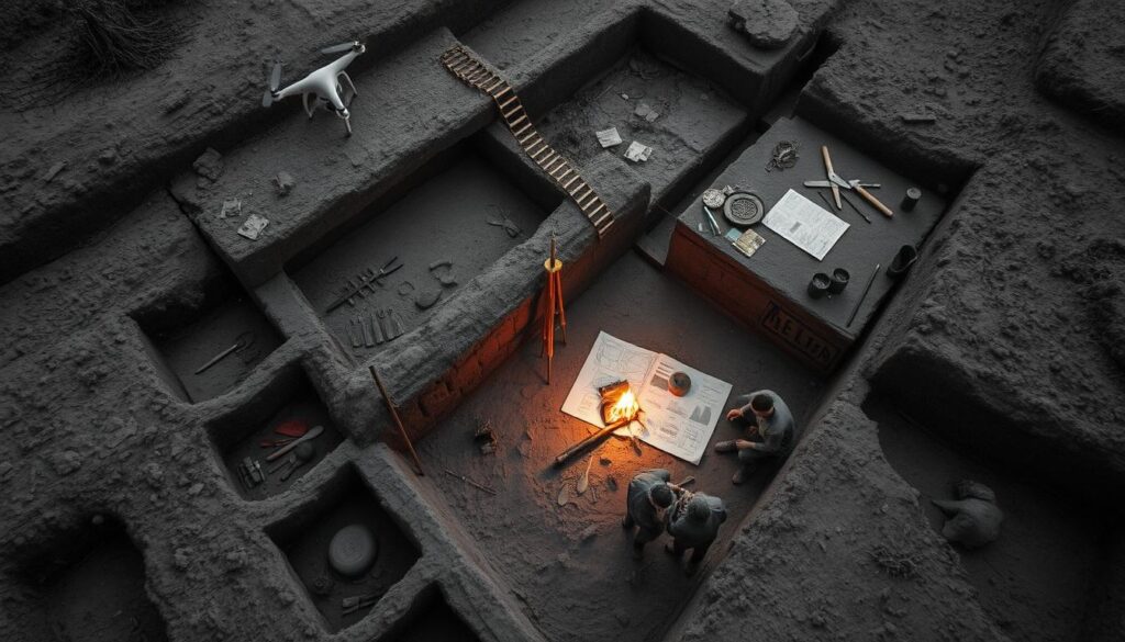 An archaeological dig site, a grid of meticulously excavated trenches revealing layers of ancient artifacts. Trowels and brushes carefully brushing away the earth, exposing tools, pottery shards, and the faint outlines of structures. Surveying equipment and maps spread out, scientists poring over data, their faces lit by the warm glow of a campfire. A drone hovers overhead, capturing an aerial view of the site, the scene rendered in a striking black and white palette with pops of color in the tools and findings. The atmosphere is one of intellectual curiosity and the thrill of uncovering the secrets of the past.