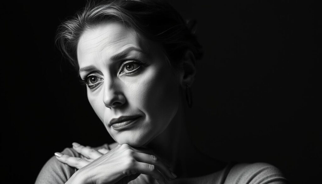 An elegant middle-aged woman with striking features, Désirée Nick gazes pensively into the distance, her expression a captivating blend of poise and vulnerability. Soft chiaroscuro lighting accentuates the planes of her face, casting dramatic shadows that reveal the depth and nuance of her private persona. Her hands, delicately posed, suggest a quiet introspection, a contrast to the public persona she is known for. The background is muted, allowing the subject to take center stage, a black and white palette punctuated by subtle bursts of color that draw the eye to her striking features. This intimate portrait offers a glimpse into the complex, multifaceted nature of this renowned German entertainer.
