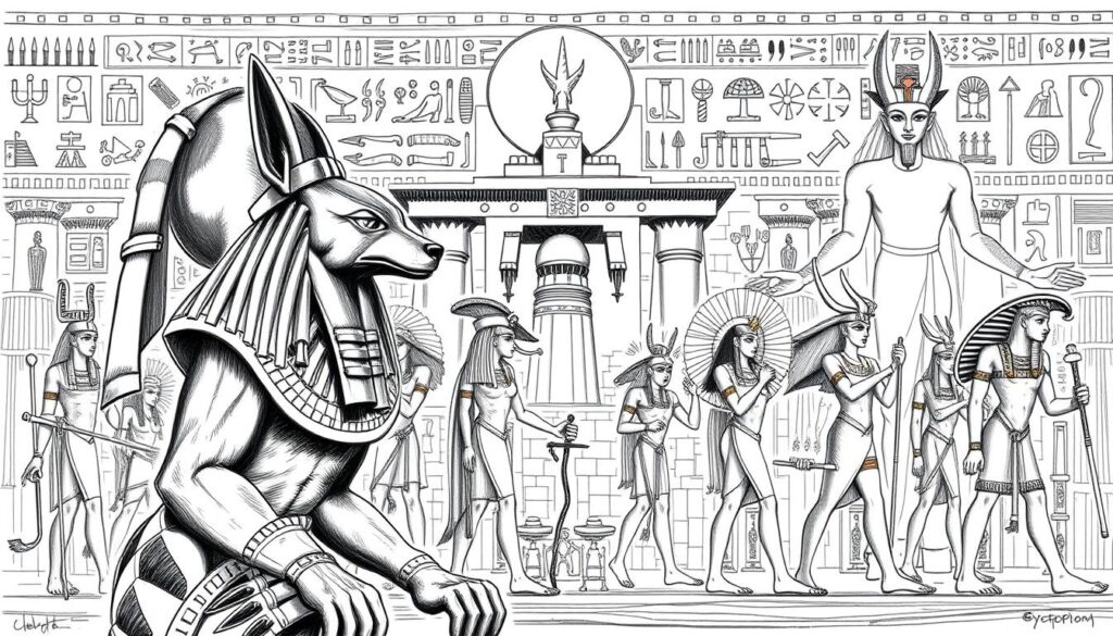 An expansive pantheon of Egyptian deities, each embodying a distinct aspect of the divine. In the foreground, a majestic depiction of Anubis, the jackal-headed god of the afterlife, presiding over the ceremonial rituals. In the middle ground, a procession of figures representing Bastet, Horus, and Isis, their forms rendered in bold, gestural lines. The background is filled with a tapestry of symbolic hieroglyphs and architectural elements, evoking the grand temples and sanctuaries of ancient Egypt. The overall aesthetic is a striking black and white rendering, with selective pops of color to highlight the sacred iconography. A vivid and immersive illustration of the diverse, mystical world of Egyptian gods.