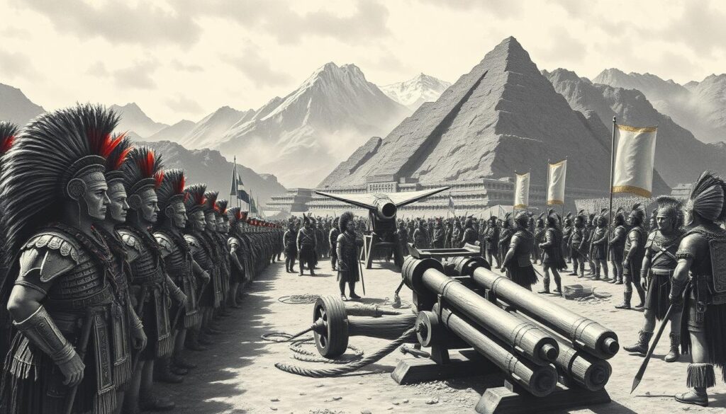 An imposing regiment of Inca warriors stands at the ready, their disciplined ranks adorned with vibrant feathered headdresses and gleaming bronze armor. In the middle ground, skilled engineers oversee the assembly of sturdy wooden siege weapons, their intricate mechanisms poised to unleash a barrage of projectiles. In the background, towering Andean peaks loom, casting dramatic shadows across the scene. The composition is rendered in a striking monochromatic palette, with only the occasional flash of color - the crimson of a standard, the golden gleam of a sword - to draw the eye. The overall atmosphere conveys the awe-inspiring might and precision of the Inca military machine, a testament to their mastery of logistics, tactics, and technological innovation.