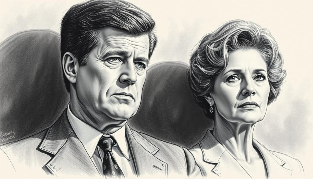 An intimate portrait of Ted Kennedy and his first wife Joan Bennett Kennedy, set against a somber backdrop. A pensive Ted gazes thoughtfully, his weary expression reflecting the strain of their troubled marriage. Joan, elegant yet melancholic, stands beside him, her posture guarded. The scene is rendered in a muted, pencil-sketch style, with subtle pops of color accentuating the emotional weight. Soft lighting casts shadows, evoking the complexity and difficulties they navigated together. This poignant image captures the essence of "Die schwierige Ehe mit Senator Ted Kennedy".