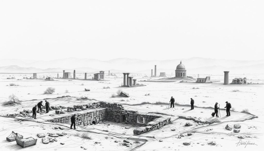 Archäologische Grabungen Ruinen: A weathered, monochromatic landscape emerges, with stark shadows and muted hues. In the foreground, a team of archaeologists carefully uncovers the remnants of an ancient structure, its crumbling walls and half-buried artifacts revealing the passage of time. The middle ground is dotted with the ghostly outlines of forgotten structures, their forms obscured by the shifting sands of history. In the background, a hazy, mountainous horizon looms, casting a pensive, contemplative mood over the scene. The overall composition evokes a sense of reverence and the fragility of the past, rendered in a striking black-and-white palette with subtle, punctuated bursts of color.