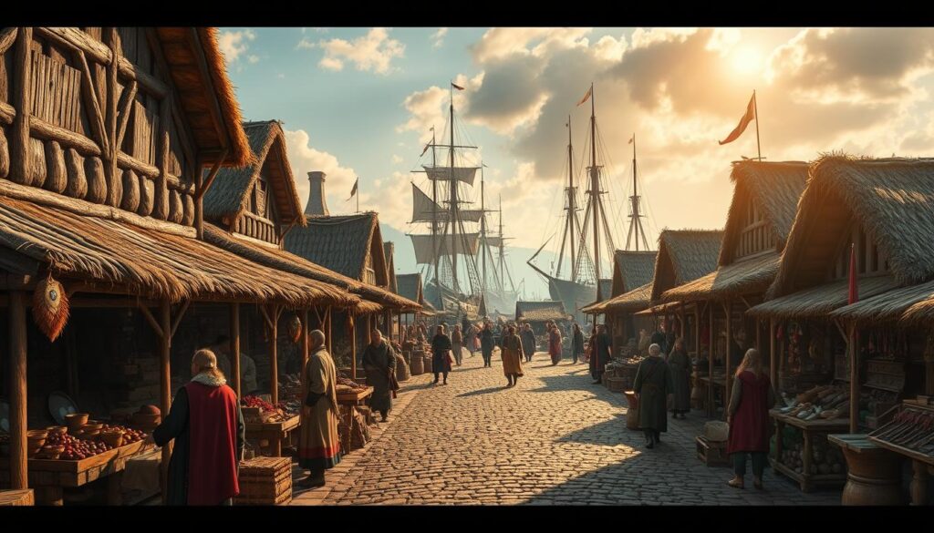 Bustling Vikingr marketplace in Haithabu, early medieval trading hub. Timber-framed stalls and thatched-roof buildings line cobblestone streets. Merchants barter goods - furs, spices, metalwork - against a backdrop of towering longships moored at the wharf. Occasional pops of color from dyed textiles and painted wood. Warm sunlight filters through wispy clouds, casting long shadows across the scene. Atmospheric and immersive, capturing the vibrant commercial heart of this Scandinavian settlement.