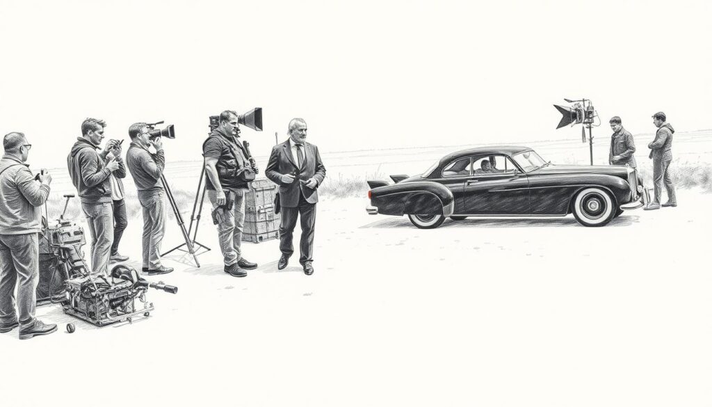 Bustling film set in the picturesque landscapes of Friesland, Germany. Crew members scurry about, adjusting lighting and equipment. The director intently watches the actors rehearse their lines, capturing the intensity of the crime drama. In the background, a vintage car waits patiently, its sleek black lines accentuated by selective bursts of color. The scene is alive with the energy of creation, each element working in harmony to bring the story to life. Pencil-sketch aesthetic with muted tones, punctuated by splashes of vibrant hues that draw the eye to the key details.