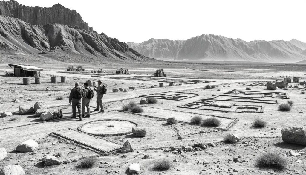 Detailed archaeological survey of a remote site, utilizing cutting-edge geophysical and remote sensing techniques. In the foreground, a team of researchers operates specialized equipment, meticulously mapping the subsurface. The middle ground reveals faint outlines of ancient structures, hinting at a lost civilization. The background showcases a rugged, untamed landscape, adding a sense of mystery and discovery. The image is rendered in a subdued palette of graphite tones, punctuated by selective pops of color to highlight the technological tools and findings. The overall atmosphere conveys the rigor and excitement of modern archaeological prospection, where the unseen is brought to light.