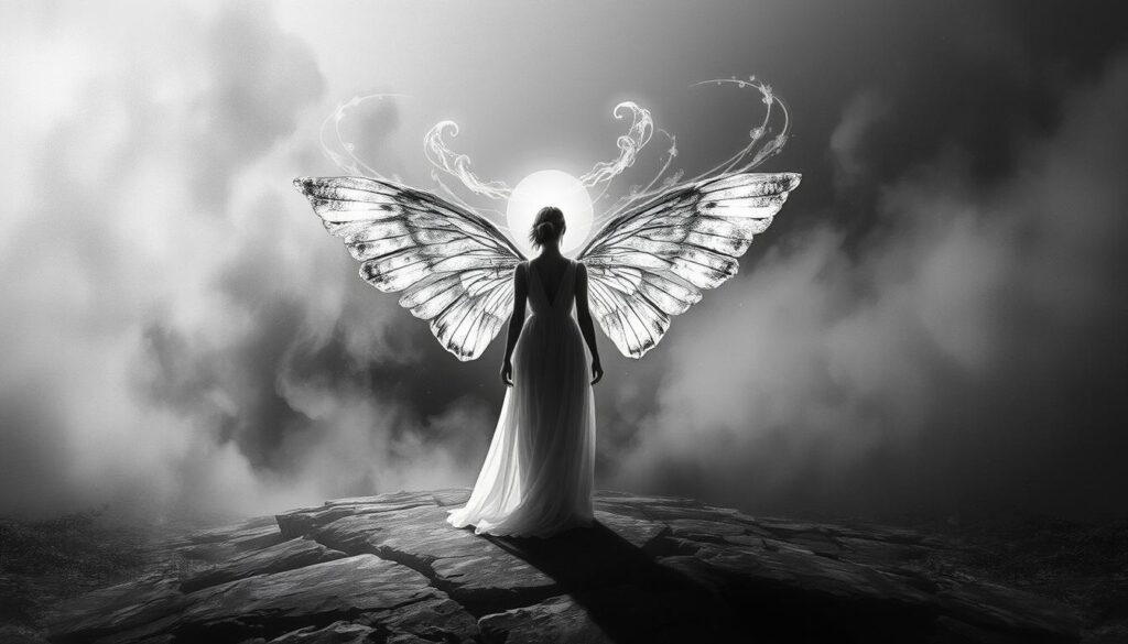 Elegant and ethereal 21:21 transformation. A serene figure stands, encircled by a halo of light, as time-worn wings unfurl in a graceful display of inner growth. Wisps of energy swirl, casting soft shadows upon a textured, monochromatic landscape. Pops of vibrant color accent the scene, guiding the eye towards the central metamorphosis. Dramatic chiaroscuro lighting imbues the moment with a sense of mysticism and wonder. Evocative, introspective, and filled with the quiet power of change.