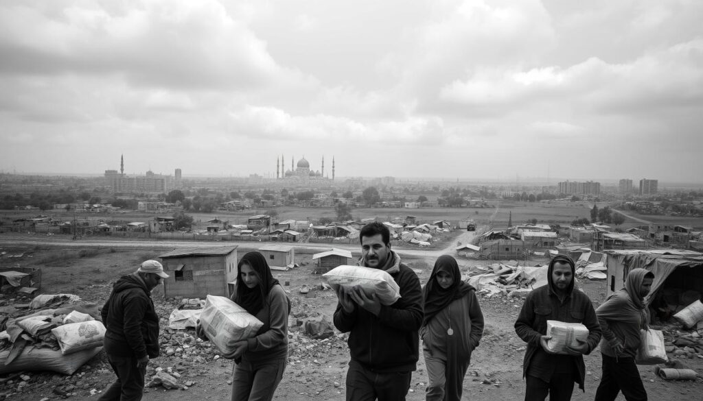 Expansive landscape of the Gaza Strip, featuring the devastated urban areas, rubble-strewn streets, and makeshift shelters housing displaced families. In the foreground, a group of humanitarian aid workers distributing essential supplies, their faces etched with resolve. Overhead, a somber sky casts a muted, monochromatic tone, punctuated by bursts of color from the tattered tarpaulins and clothing. The scene conveys the grim realities of the ongoing humanitarian crisis, with a focus on the efforts to provide relief and support to the beleaguered population.