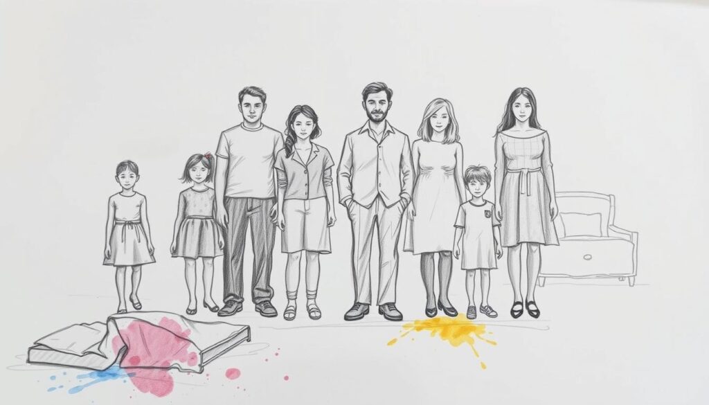 Familial dynamics in flux, a household in transition. A family portrait, sketched in muted tones, captures the essence of change. Figures stand apart, each occupying their own space, the once-familiar bonds now reshaped. Echoes of laughter and sorrow mingle, as the foreground reveals the emptiness of departed children's rooms, punctuated by splashes of color - a keepsake, a memento, a reminder. The background blurs, a metaphor for the uncertain future, as the family navigates uncharted waters, their silhouettes poised for the next chapter. A bittersweet moment, where the past and present collide, a visual narrative of "Familienkonstellation im Wandel".