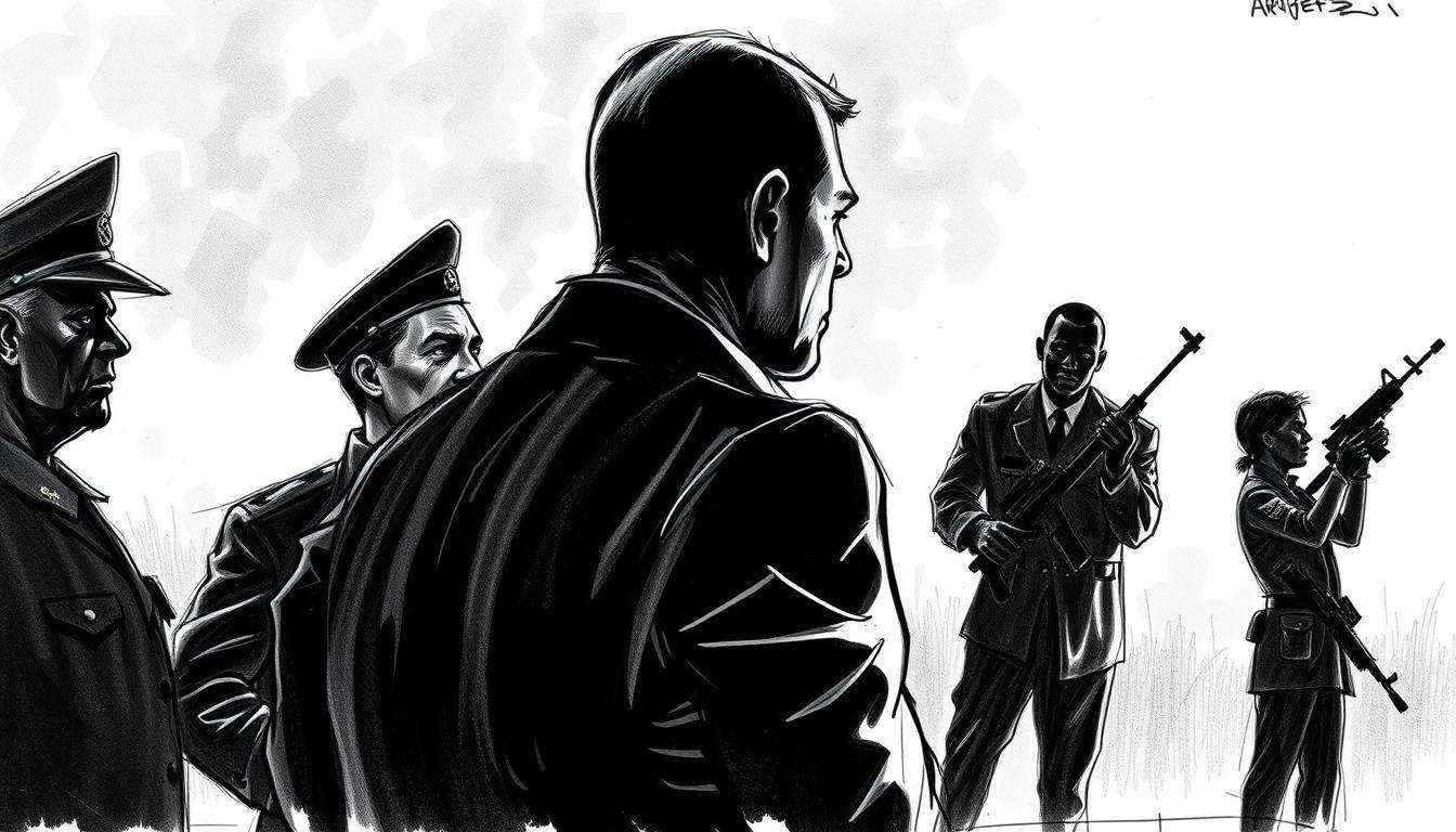 Frontline confrontation: a tense standoff between Defense Minister Pistorius and his own coalition, captured in a stark black and white sketch with subtle pops of color. In the foreground, Pistorius stands resolute, his expression stern as he faces off against the opposing forces. The middle ground reveals the silhouettes of his fellow coalition members, their postures tense and unyielding. The background is hazy, suggesting the broader political landscape in which this conflict is unfolding. The scene is illuminated by a harsh, dramatic light, casting sharp shadows and emphasizing the weight of the moment. The overall mood is one of heightened tension, conveying the high-stakes nature of this particular battle within the coalition.