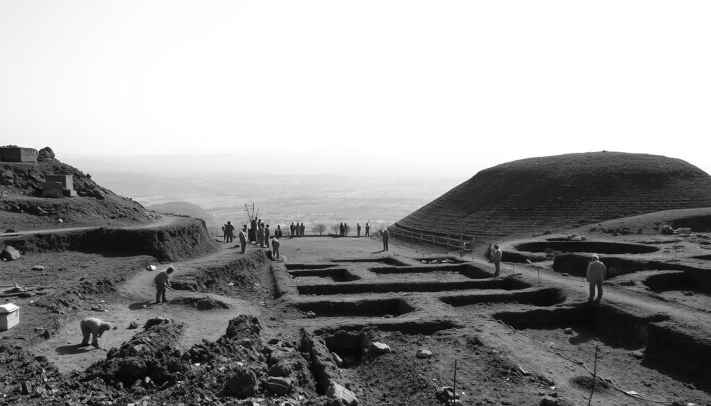 Hisarlık Hügel, an ancient archaeological site in Turkey, where the legendary city of Troy once stood. Excavators carefully uncover layers of history, revealing the foundations and remnants of an ancient civilization. The scene depicts a vast, sun-drenched landscape, with the imposing mound of Hisarlık dominating the foreground. Archaeologists, clad in khaki, meticulously sift through the soil, their brushes and trowels delicately exposing the buried artifacts. The middle ground is a patchwork of excavation trenches, while the background is a hazy vista of rolling hills and a cloudless sky. The image is rendered in a moody, black-and-white palette, with subtle pops of color highlighting the excavation tools and the occasional artifact.