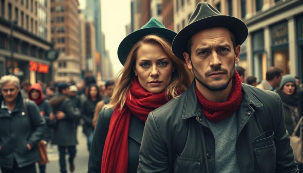Husband and wife, Cameron Diaz and Benji Madden, strolling through a bustling New York City street, their facial expressions tense and uneasy. The couple navigates the crowded sidewalk, the background a blur of pedestrians and skyscrapers in muted shades of black and white. Subtle pops of color - a red scarf, a green hat - draw the eye, heightening the sense of unease. The lighting is soft and overcast, casting long shadows that accentuate the couple's strained body language. The scene conveys a palpable tension, hinting at the turbulent mood of a family outing gone awry.