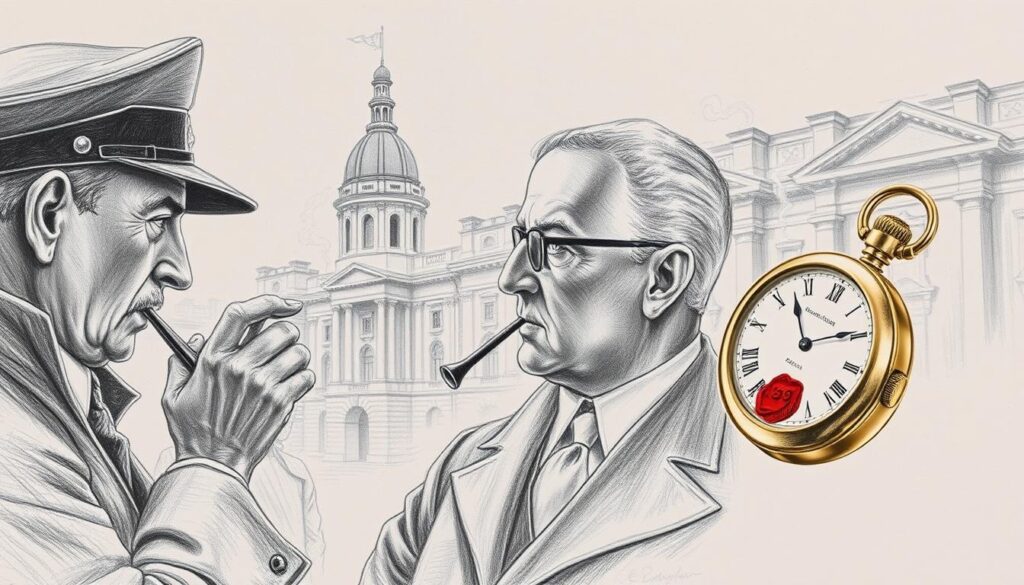 Julikrise 1914 Detail: A pivotal moment in history, etched in monochrome. Pencil-drawn figures in shadowy silhouettes, their expressions tense, eyes locked in intense negotiation. Wisps of smoke curl from ornate pipes, hinting at the gravity of the situation. In the background, the stately architecture of a bygone era stands as a silent witness, its details rendered in delicate shades of gray. Pops of color - a red seal, a golden pocket watch - punctuate the scene, lending a sense of urgency and importance. The atmosphere is one of unease, a precursor to the looming storm that would soon engulf the world.