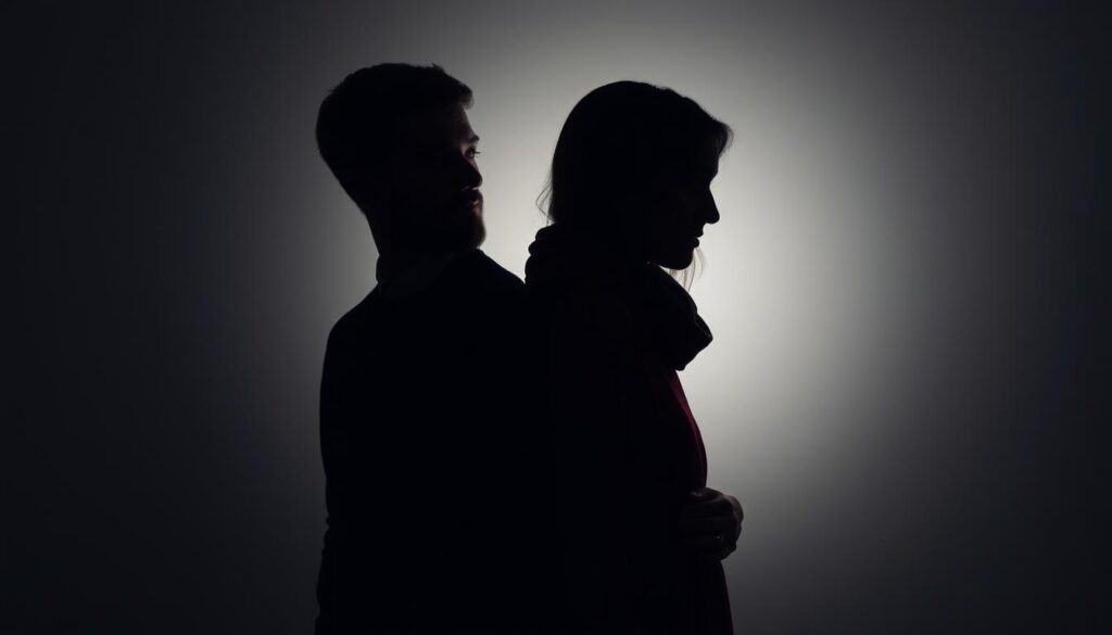 Lambert Dinzinger Jr. and his fiancée Maha, captured in a delicate, intimate portrait. The couple stands in a softly lit studio, their figures rendered in striking chiaroscuro, emphasizing their deep connection. Maha's elegant profile is illuminated, her eyes gazing tenderly at Lambert, who stands beside her, his hands gently holding hers. The background is a subtle, muted gray, allowing the subjects to take center stage. Punctuated by carefully placed splashes of color - a vibrant scarf, a jewel-toned ring - the image exudes a sense of quiet joy and personal celebration, inviting the viewer to share in Lambert's newfound happiness.