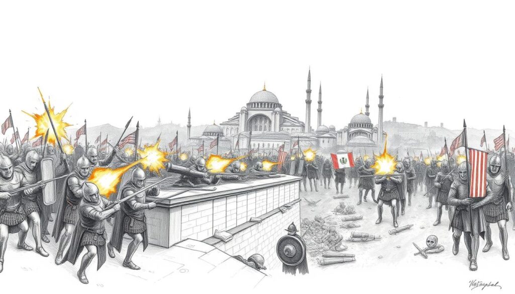 Panoramic view of the historic siege of Constantinople in 1453, the final chapter of the Byzantine Empire. In the foreground, Janissary soldiers of the Ottoman forces assault the city walls, their weapons and armor illuminated by bursts of cannon fire. The middle ground depicts the desperate defense of the last Byzantine Emperor, Constantine XI, amidst the chaos of battle. In the background, the iconic Hagia Sophia cathedral stands tall, a testament to the city's storied past, rendered in a muted palette of pencil-like shades with occasional splashes of color to highlight key elements. Convey the gravity and melancholy of this momentous historical event.