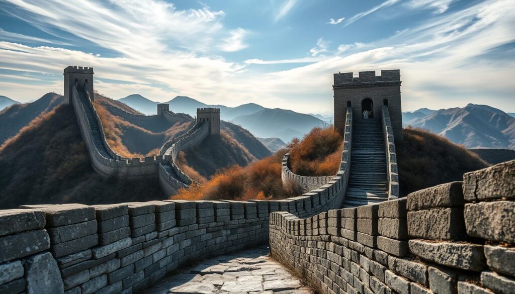 Restored sections of the majestic Great Wall of China, weathered by time and the elements. A winding path through the rugged, rolling hills, lined with sturdy stone fortifications. Towering watchtowers stand vigilant, casting long shadows across the landscape. Sunlight filters through wispy clouds, illuminating the textured masonry in shades of gray, punctuated by occasional pops of earthy ochre. The scene conveys a sense of enduring resilience, a testament to the engineering prowess and perseverance of those who constructed this architectural marvel centuries ago. Captured in a balanced composition, the image evokes the grandeur and timeless allure of this iconic World Heritage site.