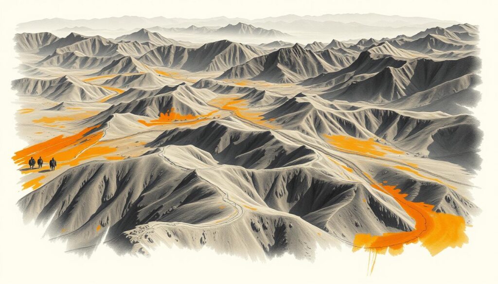 Sweeping vistas of rugged Central Asian terrain, a sprawling expanse of rolling hills and craggy mountains etched in shades of charcoal and slate. Winding paths trace the contours of the land, leading the eye deeper into the scene. Punctuated by splashes of ochre and sienna, the landscape evokes the relentless march of conquest, as if the very earth bears the scars of Alexander's campaign. Dramatic lighting casts long shadows, heightening the sense of drama and urgency. The composition captures the scale and grandeur of this pivotal campaign, where a young king's ambition would reshape the course of history.