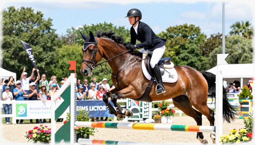 A black and white pencil drawing of Jennifer Gates, dressed in professional equestrian attire, confidently riding a beautiful chestnut horse on an outdoor show jumping course. The foreground captures her focused expression as she guides the horse over a colorful obstacle. In the middle ground, an audience watches in admiration, with some holding banners of encouragement. The background features lush green trees and a bright blue sky, indicating a sunny day. The scene has highlights of color, accentuating the horse's tack and the vibrant flowers surrounding the course. The overall mood is inspiring and energetic, showcasing dedication and passion for the equestrian sport with meticulous attention to detail.