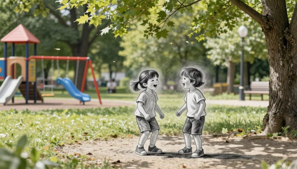 A black and white pencil drawing of two children playing in a sunny park, embodying the joyful and gentle development of Helene Fischer's children. In the foreground, the children, depicted in modest casual clothing, are laughing and engaging with one another, showcasing a sense of innocence and curiosity. The middle ground features lush green trees and soft grass, creating a serene environment. A gentle breeze causes the leaves to flutter. The background includes a soft-focus playground with colorful accents, like a bright red swing set and a blue slide, adding vibrancy to the scene. The overall atmosphere is warm and inviting, with dappled sunlight filtering through the trees, casting delicate shadows across the ground, capturing the essence of childhood development.