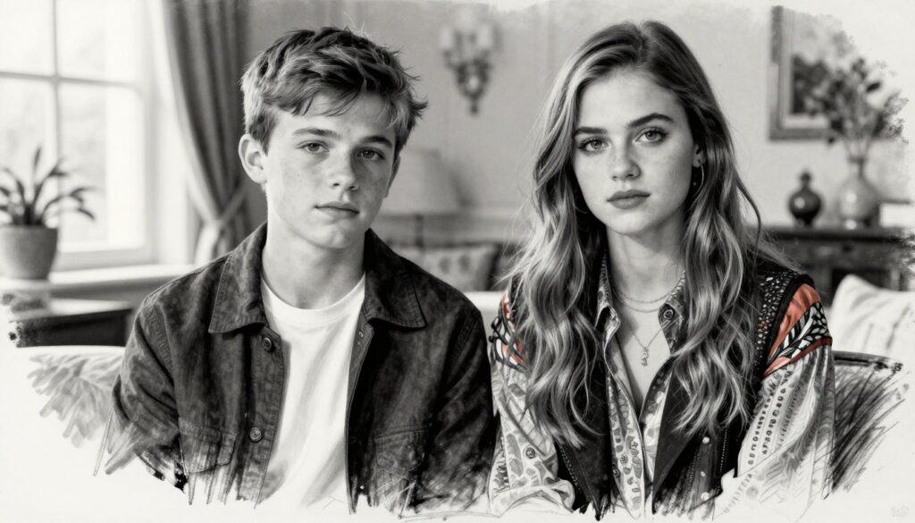 A black and white pencil sketch features Rory and Phoebe Gates, positioned prominently in the foreground. Rory, a modestly dressed young boy around 15 years old, has a thoughtful expression, wearing a smart casual outfit. Beside him, Phoebe, a fashion-forward girl of about 18, showcases a stylish ensemble, with colorful accents that highlight her personality. The middle ground reveals a cozy, elegant setting resembling a comfortable home, hinting at their background. Soft, natural lighting filters through a large window, casting gentle shadows. In the background, subtle hints of greenery and warm interior decor create a serene atmosphere, emphasizing the closeness between the siblings. The overall mood conveys a sense of familial warmth and individuality, artfully blending their distinct personalities.