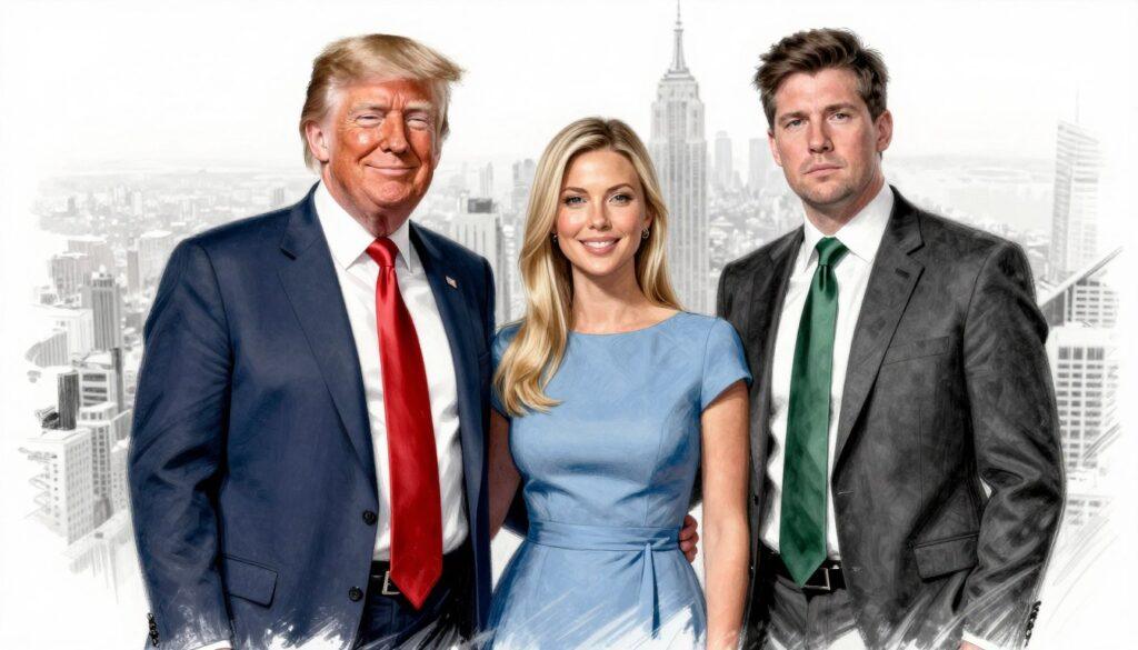 A black and white pencil sketch of Donald Trump’s first three children: Donald Jr., Ivanka, and Eric. They are depicted standing together in a relaxed yet formal pose, wearing professional business attire. Donald Jr. has dark hair and is smirking confidently; Ivanka has blonde hair styled neatly and is smiling warmly; Eric is slightly taller with a serious expression. The background features a soft-focus view of New York City skyline, symbolizing their upbringing. Add subtle colored accents to their attire: a bright red tie for Donald Jr., a soft blue dress for Ivanka, and a deep green tie for Eric. The lighting creates a soft, warm atmosphere, enhancing the familial connection among them, with a focus on their expressions and their bond.