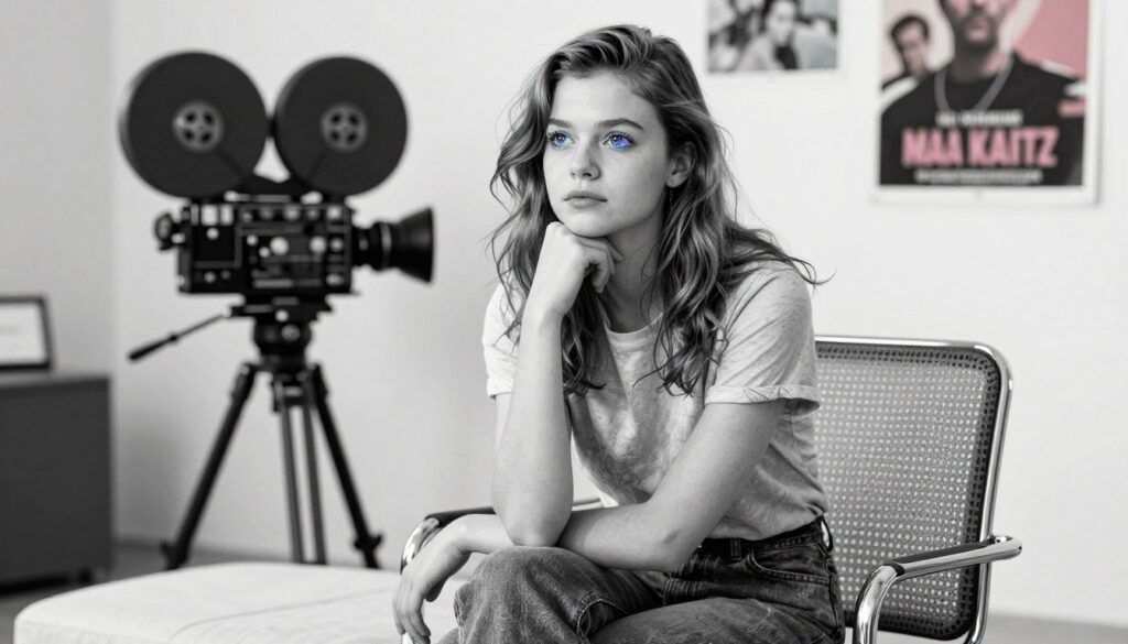 A black and white pencil sketch of Lilli Schweiger, capturing her as a young actress, sitting elegantly in a stylish, modern studio setting. In the foreground, she is portrayed in modest casual clothing, looking thoughtful and confident. The middle layer includes soft, diffused lighting that highlights her features, giving a gentle glow to her face and creating a cozy atmosphere. In the background, subtly detailed elements like a vintage film camera and movie posters hint at her connection to acting, while colorful accents of pastel shades selectively highlight her eyes and the contours of her attire. The overall mood is artistic and creative, embodying both youth and professionalism.