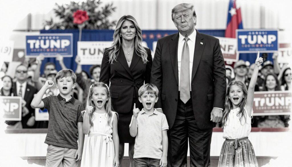 A black and white pencil sketch of the Trump family during a campaign event, featuring Melania Trump in professional attire, standing confidently beside Donald Trump in a tailored suit. Their children, engaged and lively, display vibrant expressions representative of their roles in public life, each wearing modest yet stylish clothing. The foreground captures the family in a dynamic pose, exuding unity and energy. In the middle, supportive supporters and campaign signs create a sense of community and enthusiasm, reflecting the lively atmosphere of a political rally. The background features a blurred crowd and colorful decorations, emphasizing the celebratory mood of the campaign. Soft lighting highlights the family's features, creating a warm yet focused ambiance.