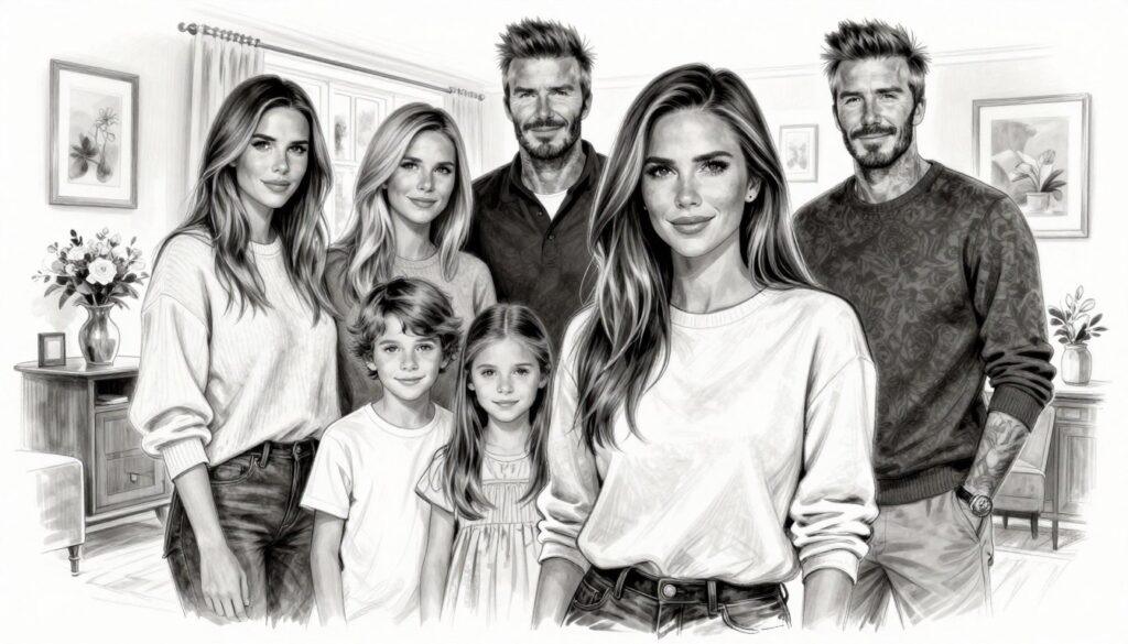 A black and white sketch illustration of Nicola Peltz Beckham surrounded by her support circle, showcasing her influence on the Beckham family. In the foreground, depict Nicola in modest casual clothing, exuding warmth and confidence, with a subtle smile. In the middle, include family members, such as David Beckham and their children, positioned to convey a sense of togetherness and harmony. The background should feature a stylized depiction of a cozy family home setting, with soft, ambient lighting creating a welcoming atmosphere. Add selective color accents highlighting specific elements, such as floral decorations or personal belongings, to enhance the overall visual interest while maintaining an elegant balance. The image should evoke a sense of love, unity, and family ties.