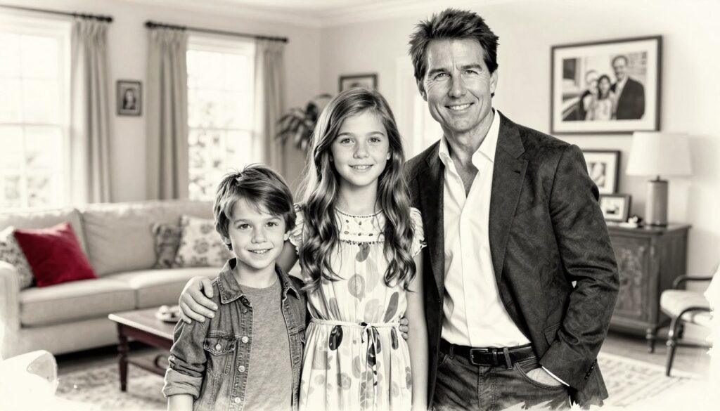 A black and white sketch of a family scene featuring Tom Cruise, dressed in a smart casual outfit, with his two adopted children, Isabella and Connor. The foreground includes Tom smiling gently, with his arm around Isabella, who has long, wavy hair and wears a modest, colorful dress. Connor, sporting short hair and casual attire, stands beside them with a playful expression. In the middle ground, a cozy living room is depicted, with soft lighting from a nearby window creating a warm atmosphere. The background shows a tastefully decorated room with family photos, emphasizing a loving, supportive environment. Accentuate certain details with vibrant colors, such as the children's clothing and items in the room, to add life to the scene.