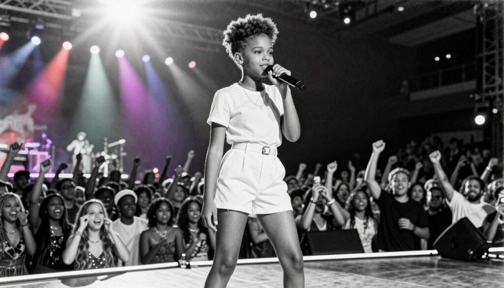 A captivating scene of Blue Ivy Carter in the spotlight during a vibrant performance. In the foreground, she stands confidently on stage, dressed in a stylish, modest outfit that showcases her youthful energy. Her hair is elegantly styled, capturing a blend of grace and charm. The middle ground features an array of colorful stage lights illuminating her, casting a dynamic glow that enhances the excitement of the moment. The background is filled with a cheering crowd, their silhouettes blending into shadows, adding depth while focusing attention on Blue Ivy. The atmosphere is electric, filled with enthusiasm and joy, reminiscent of a live concert experience. The entire image is rendered in pencil black and white with selective color accents, highlighting the vividness of the performance.