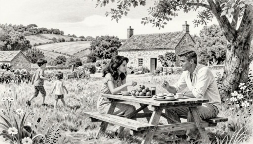 A charming family scene set in the picturesque countryside of France, highlighting the Clooney family's everyday life. In the foreground, Amal Clooney and George Clooney are depicted in modest casual attire, enjoying a leisurely picnic with their children, who are playing nearby. The middle of the image features a rustic wooden picnic table adorned with a simple spread of fruits and pastries, while lush greenery and wildflowers surround them. In the background, a quaint stone cottage and rolling hills create a serene atmosphere. The image is rendered in pencil with black and white details, complemented by selective color accents on the picnic items and the children's clothing, evoking a warm, inviting mood. Soft, natural lighting enhances the scene, capturing a sense of tranquility and family bonding.