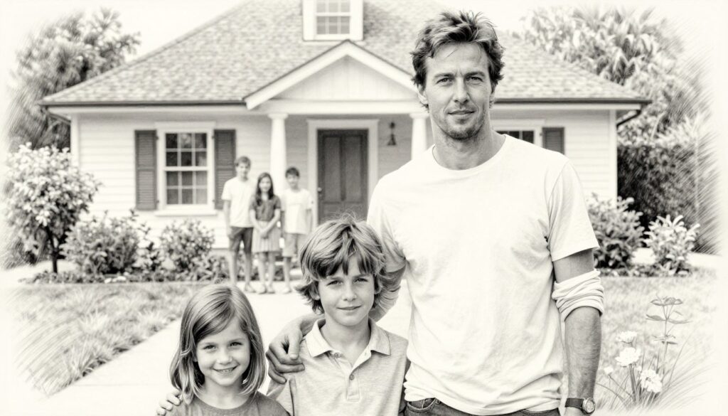 A close-knit scene depicting the Schumacher family, showcasing unity and support in the face of challenges. In the foreground, Michael Schumacher is portrayed in modest casual clothing, standing confidently beside his children, who are also dressed casually, displaying a bond of love and resilience. The middle layer features a soft-focus background of their family home, symbolizing warmth and stability, with lush greenery around. The color palette emphasizes black and white pencil sketch style, accented with subtle hints of color in the family members' clothing, adding an emotional touch. Gentle lighting bathes the scene in a warm glow, evoking a sense of hope and togetherness, ideally captured from a slightly elevated angle to encompass the family dynamic.