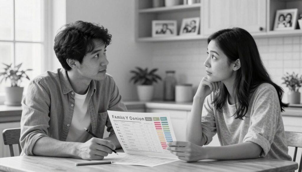 A couple engaged in a thoughtful conversation about family planning, sitting at a cozy kitchen table. The foreground features a man and woman, dressed in modest casual clothing, looking at a family planning chart and colorful baby name list, with animated expressions of hope and anticipation. The middle ground shows a soft-focus kitchen setting, filled with warm light filtering through a window, and a few plants adding life to the scene. The background includes light-colored cabinetry and family photographs, enhancing a sense of warmth and home. The overall mood is optimistic and loving, with black and white shading accented by subtle pops of color in the chart and photographs, inviting viewers to feel the couple's desire for a larger family. A couple engaged in a thoughtful conversation about family planning, sitting at a cozy kitchen table. The foreground features a man and woman, dressed in modest casual clothing, looking at a family planning chart and colorful baby name list, with animated expressions of hope and anticipation. The middle ground shows a soft-focus kitchen setting, filled with warm light filtering through a window, and a few plants adding life to the scene. The background includes light-colored cabinetry and family photographs, enhancing a sense of warmth and home. The overall mood is optimistic and loving, with black and white shading accented by subtle pops of color in the chart and photographs, inviting viewers to feel the couple's desire for a larger family.
