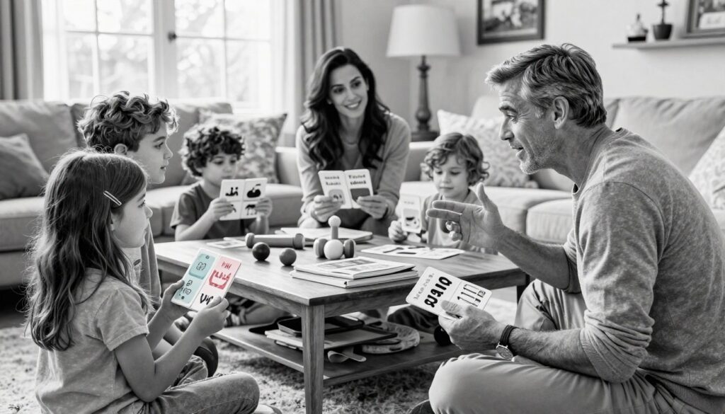 A cozy family scene featuring George Clooney, Amal Clooney, and their children engaged in a playful language-learning activity at home. In the foreground, George and Amal, dressed in modest casual attire, are enthusiastically interacting with their kids, who are around preschool and early elementary age. The children are holding colorful language flashcards, while George gestures animatedly and Amal smiles warmly. The middle ground includes a coffee table adorned with books and toys. The background showcases a bright, welcoming living space with warm natural lighting filtering through large windows that creates a soft, inviting atmosphere. The ambiance captures the joy of multilingual education and family bonding. Illustrate everything in black and white pencil with selective, vibrant color accents on the flashcards and toys.