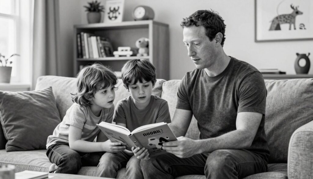 A cozy family scene featuring Mark Zuckerberg engaged in a thoughtful discussion with his children in a softly lit living room. The foreground includes Mark, dressed in a smart casual outfit, sitting on a comfortable sofa, surrounded by his two kids, both in modest, colorful clothing. The children appear engaged and curious, leaning in as they look at a book about technology. In the middle background, a warm bookshelf filled with children's books and educational toys creates a nurturing atmosphere, along with a modern, minimalist decor that highlights their innovative lifestyle. The soft, natural light from a nearby window enhances the warmth of the scene. The overall mood is intimate and insightful, reflecting a blend of education and affection in parenting, illustrated in black and white pencil with selective, vibrant accents to draw attention to the characters' expressions and emotions.