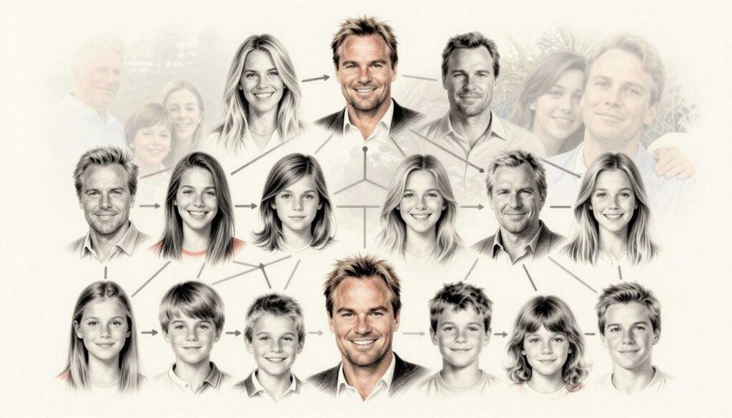 A detailed family tree illustration showcasing the Becker family members, focusing on Boris Becker's children. In the foreground, portray individual stylized portraits of each child in elegant black and white pencil sketches, with subtle colored accents representing their favorite colors. The middle section should display the family connections, using artistic lines to connect the individual portraits in a harmonious layout. In the background, depict a soft, faded abstract pattern that suggests a supportive family environment. The lighting should be soft and natural, creating a warm, inviting atmosphere. The overall mood is familial and loving, designed to reflect connection and legacy without including any text or overlays.