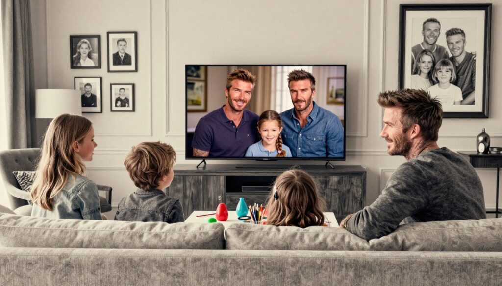 A detailed scene depicting the essence of the Beckham family, inspired by a Netflix documentary. In the foreground, a cozy living room setting with a stylish sofa and family photos on the wall. The middle ground features a large flat-screen TV displaying a glimpse of a documentary about the Beckham family, emphasizing their close-knit relationship. The backdrop includes elegant, understated decor with hints of luxury. Use a monochromatic pencil sketch style with selective colorful accents, perhaps highlighting the children's playful elements, like toys or art supplies. The lighting is warm and inviting, creating a nostalgic atmosphere. Aim for a balanced composition, using a slight angle to draw the viewer into this heartwarming family scene, capturing the essence of their togetherness. A detailed scene depicting the essence of the Beckham family, inspired by a Netflix documentary. In the foreground, a cozy living room setting with a stylish sofa and family photos on the wall. The middle ground features a large flat-screen TV displaying a glimpse of a documentary about the Beckham family, emphasizing their close-knit relationship. The backdrop includes elegant, understated decor with hints of luxury. Use a monochromatic pencil sketch style with selective colorful accents, perhaps highlighting the children's playful elements, like toys or art supplies. The lighting is warm and inviting, creating a nostalgic atmosphere. Aim for a balanced composition, using a slight angle to draw the viewer into this heartwarming family scene, capturing the essence of their togetherness.