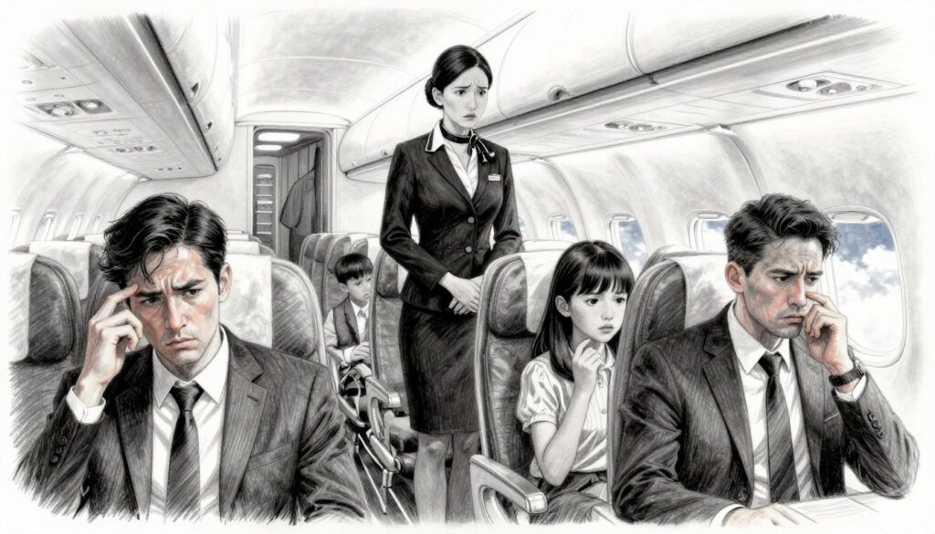 A dramatic scene capturing a family conflict aboard an airplane, illustrated in black and white pencil sketch with selective color accents. The foreground features three figures seated in tense poses, their expressions reflecting frustration and concern, dressed in professional business attire. In the middle, a flight attendant looks on with a worried expression, while the background shows the airplane interior, detailed with overhead compartments and windows revealing a cloudy sky. The lighting is soft yet contrasts the emotions, creating an atmosphere of unease and tension. The angle is slightly tilted to emphasize the discord among the family members, enhancing the sense of chaos within the confined space. A dramatic scene capturing a family conflict aboard an airplane, illustrated in black and white pencil sketch with selective color accents. The foreground features three figures seated in tense poses, their expressions reflecting frustration and concern, dressed in professional business attire. In the middle, a flight attendant looks on with a worried expression, while the background shows the airplane interior, detailed with overhead compartments and windows revealing a cloudy sky. The lighting is soft yet contrasts the emotions, creating an atmosphere of unease and tension. The angle is slightly tilted to emphasize the discord among the family members, enhancing the sense of chaos within the confined space.