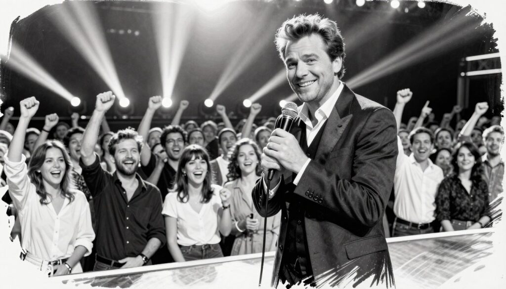 A dynamic black and white sketch of Stefan Raab's comeback moment, capturing his charismatic presence on stage. In the foreground, depict Raab in a sleek, professional outfit, confidently holding a microphone, with a warm smile that exudes excitement. The middle layer features a cheering audience, a blend of diverse faces, all in modest casual clothing, sharing in the joy of his return. In the background, spotlight beams illuminate the stage set, creating a vibrant atmosphere. Add colorful accents to the stage lights and audience attire to highlight the excitement of the comeback. Use soft, diffused lighting to evoke a nostalgic yet hopeful mood, with a focus on expressive faces and gestures around him, showcasing the impact of his career revival.