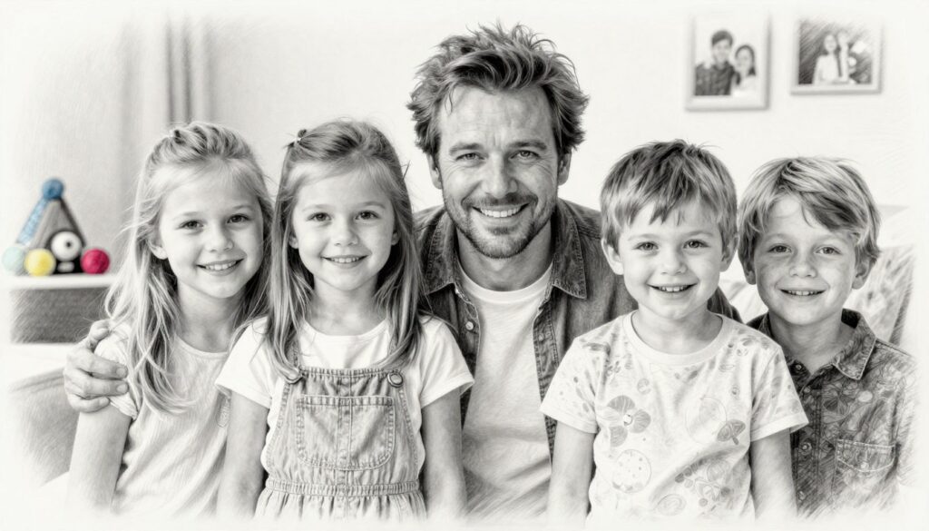 A family portrait featuring Stefan Raab with his children, depicting a warm and joyful atmosphere. The foreground showcases the family standing closely together, all dressed in modest casual clothing. Stefan, in his signature style, smiles warmly at the camera, flanked by his two daughters and son, who exhibit playful expressions. The middle ground includes soft, diffused lighting that creates an inviting glow around them, emphasizing their bond. The background features a cozy home environment with subtle hints of colorful accents, such as toys and family photos, enhancing the familial theme. The entire image is rendered in pencil sketch style with black and white tones, complemented by selective bursts of color that highlight the children's playful energy and the warmth of the family dynamic.