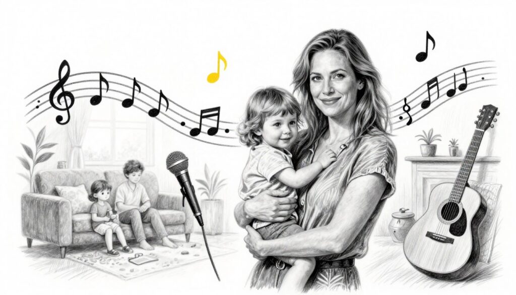 A heartfelt black-and-white pencil drawing capturing the essence of Helene Fischer balancing her career and motherhood. In the foreground, a portrait of a woman resembling Helene, dressed in modest casual attire, radiating warmth and confidence. She is holding a child gently, embodying the nurturing aspect of motherhood. The middle ground displays dynamic music notes swirling around her, symbolizing her successful career in music, with instruments like a microphone and guitar subtly integrated. In the background, a serene home setting fades into a soft gradient, representing her family life. The overall mood is uplifting and harmonious, with points of colored accent in the music notes and elements of the home, conveying joy and balance. The lighting should be soft and inviting, enhancing the connection between the subjects.