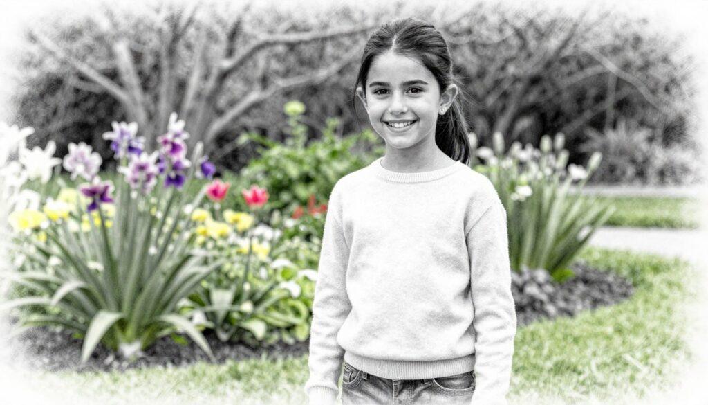 A heartfelt portrait of Suri Cruise, the daughter of Katie Holmes, depicted in a serene outdoor setting. In the foreground, Suri, a young girl with dark brown hair styled in a sleek ponytail, is captured in a candid moment, wearing a modest casual outfit consisting of a light sweater and jeans. The middle ground reveals a lush green garden with blooming flowers, creating a vibrant atmosphere. The background features soft, out-of-focus trees, allowing Suri to be the focal point. The image is rendered in black and white pencil sketch style, with selective colorful accents on the flowers and Suri's clothing, emphasizing her joyful essence. The lighting is soft and natural, lending a warm and inviting mood to the scene, as if capturing a moment of spontaneity and happiness.