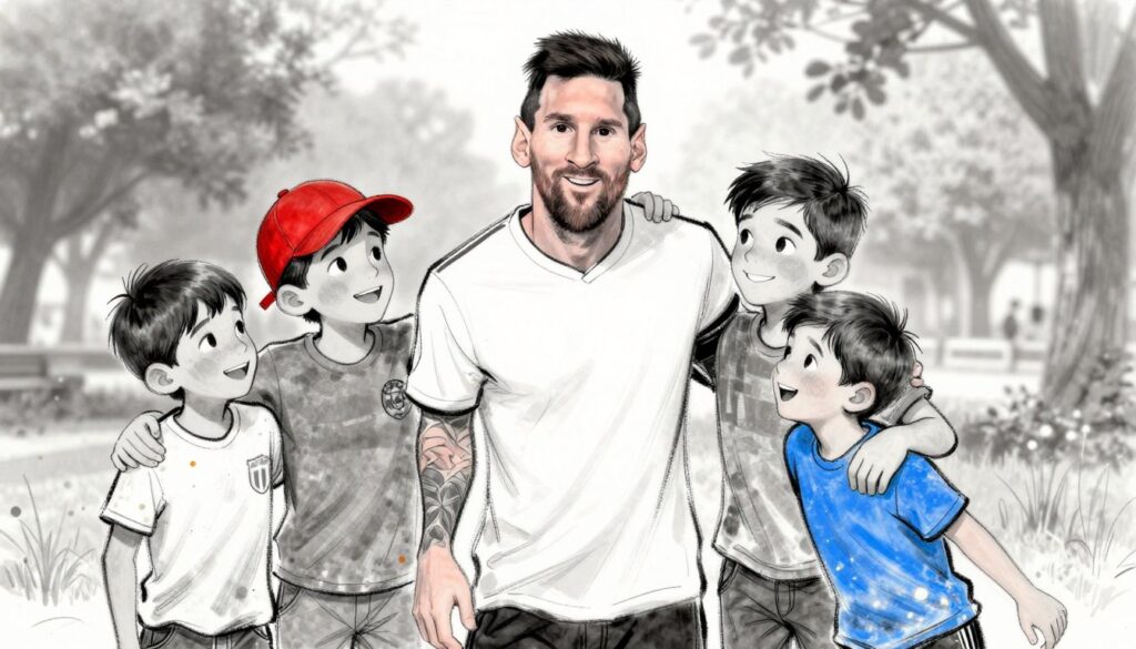 A heartwarming black-and-white sketch of Lionel Messi with his three sons, captured in a joyful outdoor setting. In the foreground, Messi is smiling, wearing a casual, modest outfit, while his sons, depicted at different ages—one around 8, another approximately 6, and the youngest around 3—are playfully surrounding him. Each son is characterized with distinct features, ensuring they resemble Messi while maintaining their unique appearances. The background showcases a soft-focus park scene, with hints of trees and sunlight filtering through leaves. Sprinkle subtle colorful accents in their clothing, like a bright red cap on the oldest and a blue shirt on the youngest, adding a playful touch to the overall atmosphere of warmth and family bonding. The lighting is soft and inviting, creating an overall nostalgic and affectionate mood.