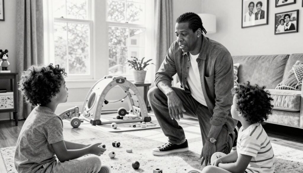 A heartwarming scene depicting Jay-Z as a devoted father, surrounded by his children in a cozy, stylish living room. In the foreground, Jay-Z is engaged in a playful activity with his children, dressed in modest casual clothing, showcasing a nurturing and relaxed demeanor. The middle ground features a colorful play area with children's toys scattered around. In the background, large windows let in soft natural light, casting gentle shadows and creating an inviting atmosphere, with family photos on the walls. Black and white pencil sketch style with selective color accents highlighting family moments. The composition evokes warmth, connection, and a strong family bond.